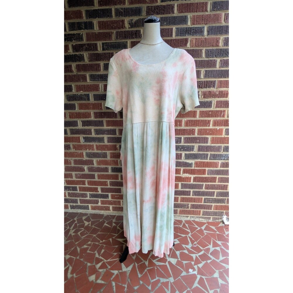 Vtg BARBARA LESSER Maxi Dress- Waffle Knit Gauze Pink/Brige Tie-Dye Sz 3x